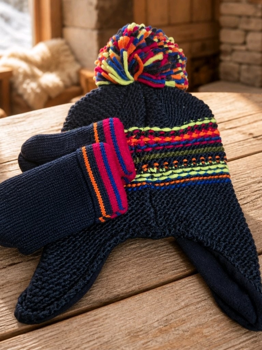 The Children's Place Navy Earflap Hat and Mitten Set with Neon Pom